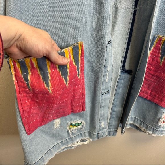 Upcycled Country Vibes Long Light Blue Denim Jacket Womens L Festival Cowgirl - Picture 11 of 15